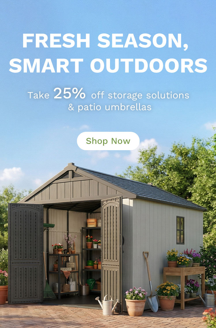 Take 25% off storage solutions and patio umbrellas