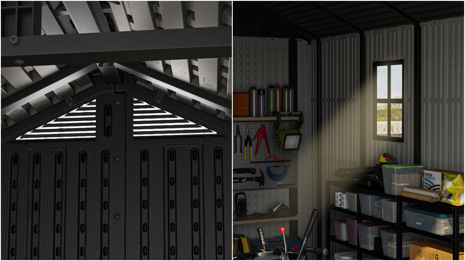 Patiowell Kick-it storage shed interior with a vent detail, windows and shelves with tools and supplies.