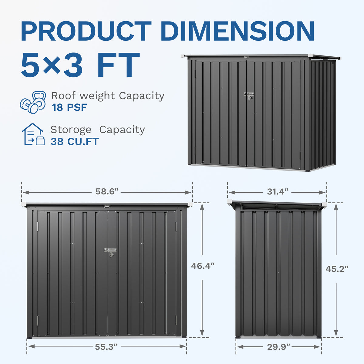 Patiowell 5x2.6ft Trash Can Storage Shed Metal Shed with Double Doors, Black
