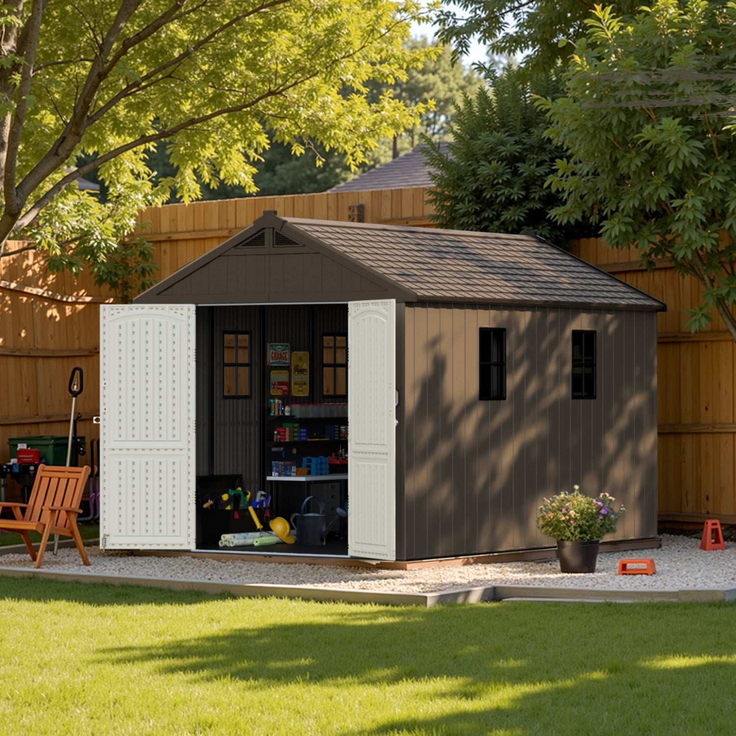 Kick-it 8x12 Plastic Storage Shed with Floor, Brown