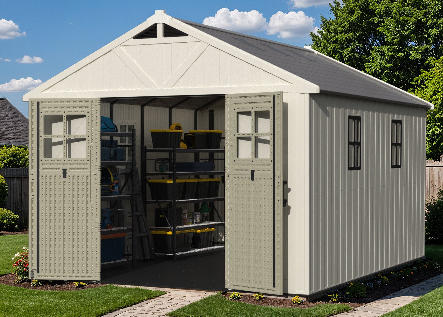 10x12 storage shed with open doors on a grassy area with a clear sky