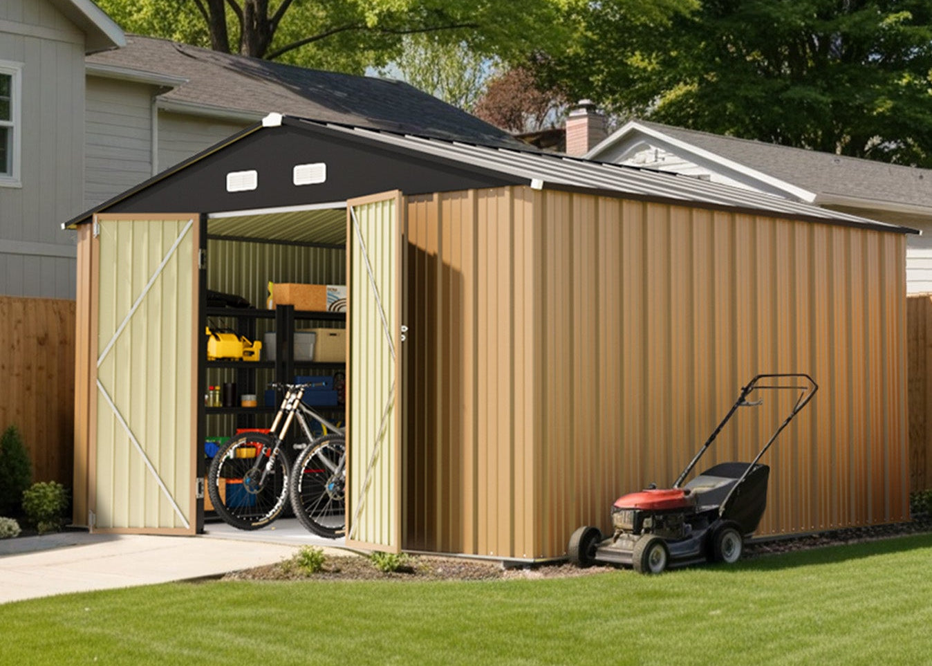 12x12 metal shed with open door, bicycle, and lawn mower on a grassy lawn.