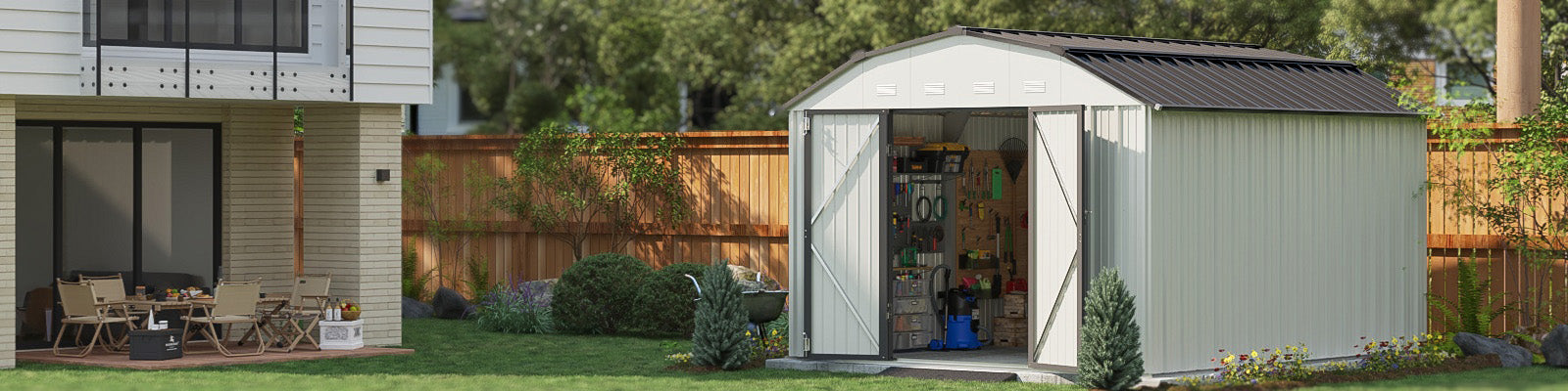Metal storage shed in a backyard with a house in the background