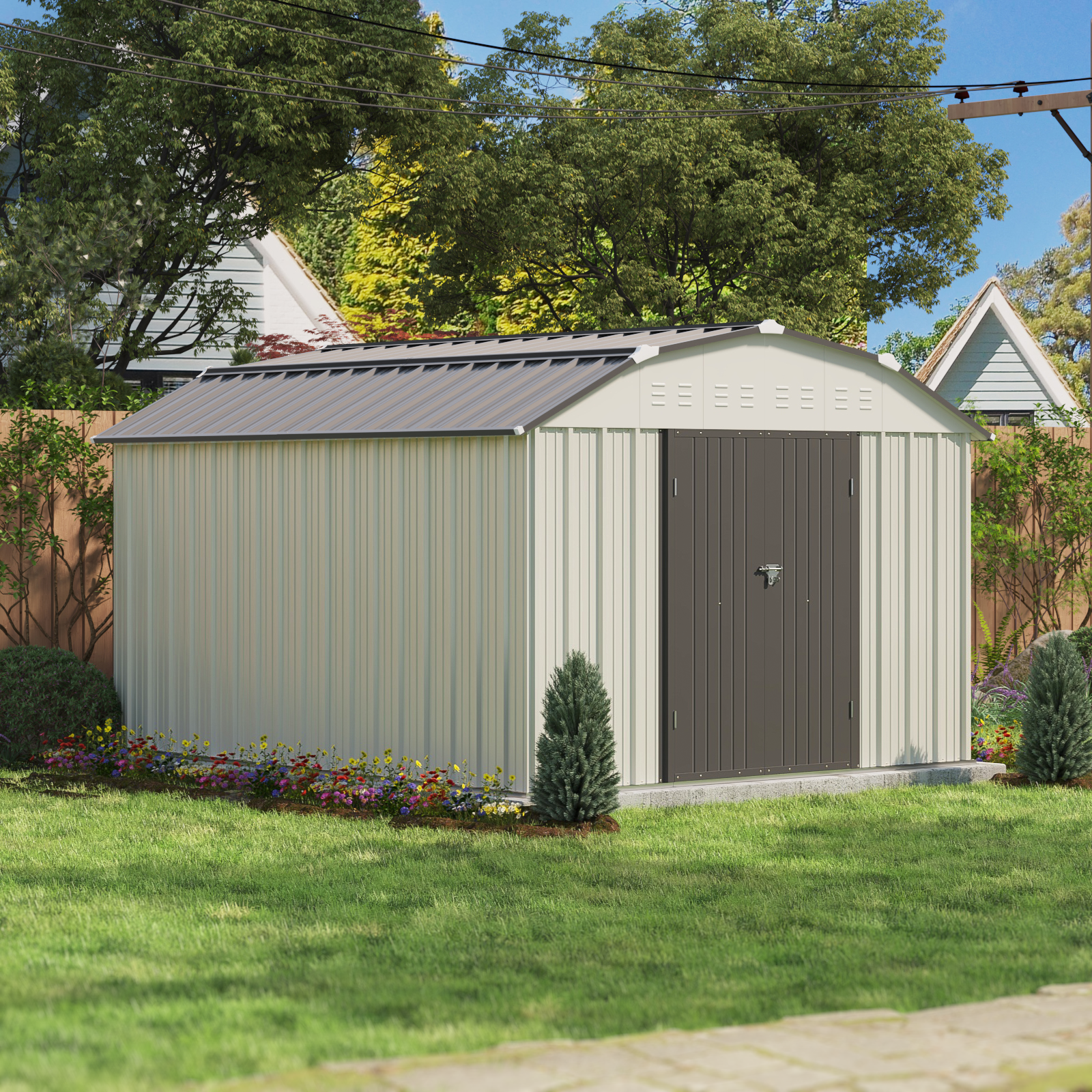 Metal storage shed with a gray roof and brown door on a grassy lawn with trees in the background.