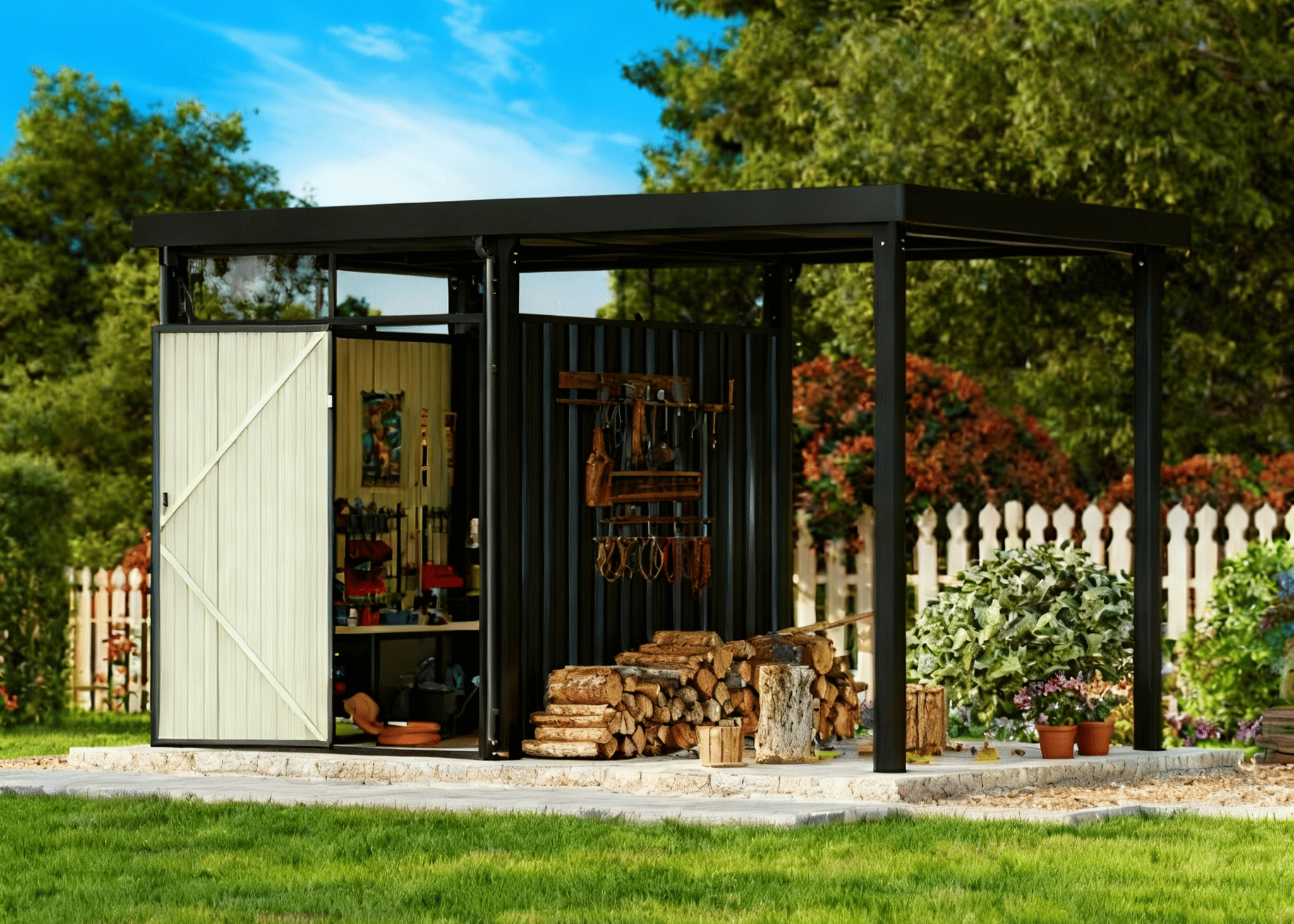7x7 outdoor storage shed with tools and wood in a garden setting