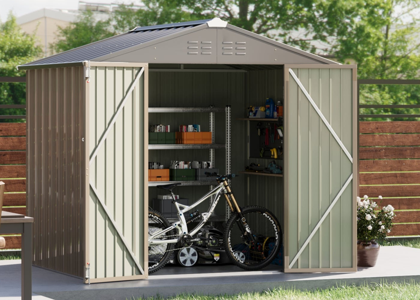 8x6 outdoor storage shed with a bicycle and patio furniture in a backyard setting