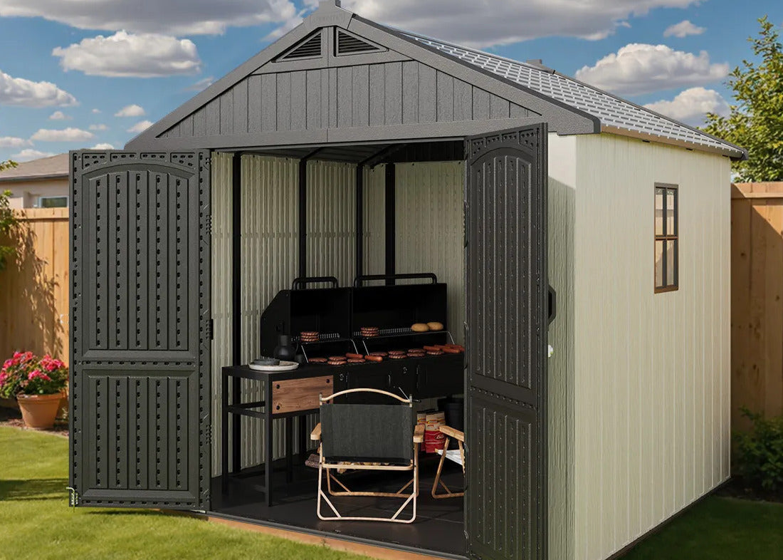 8x8 storage shed with open doors showing interior with grill and furniture, outdoors on a sunny day.