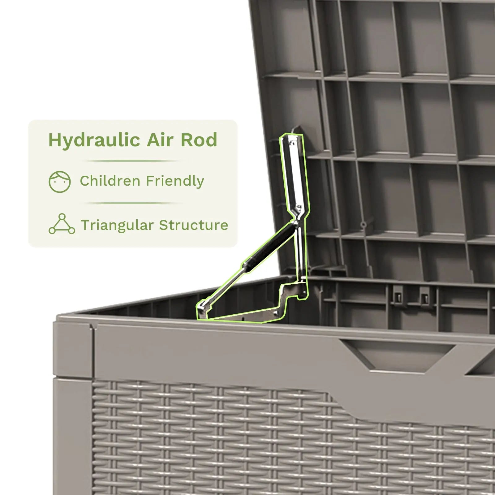 The 100 gallon ourdoor storage deck box features in hydraulic air rod design color:Khaki,Coffee Brown,Light Gray,Ink Black|style:without cushion,with cushion