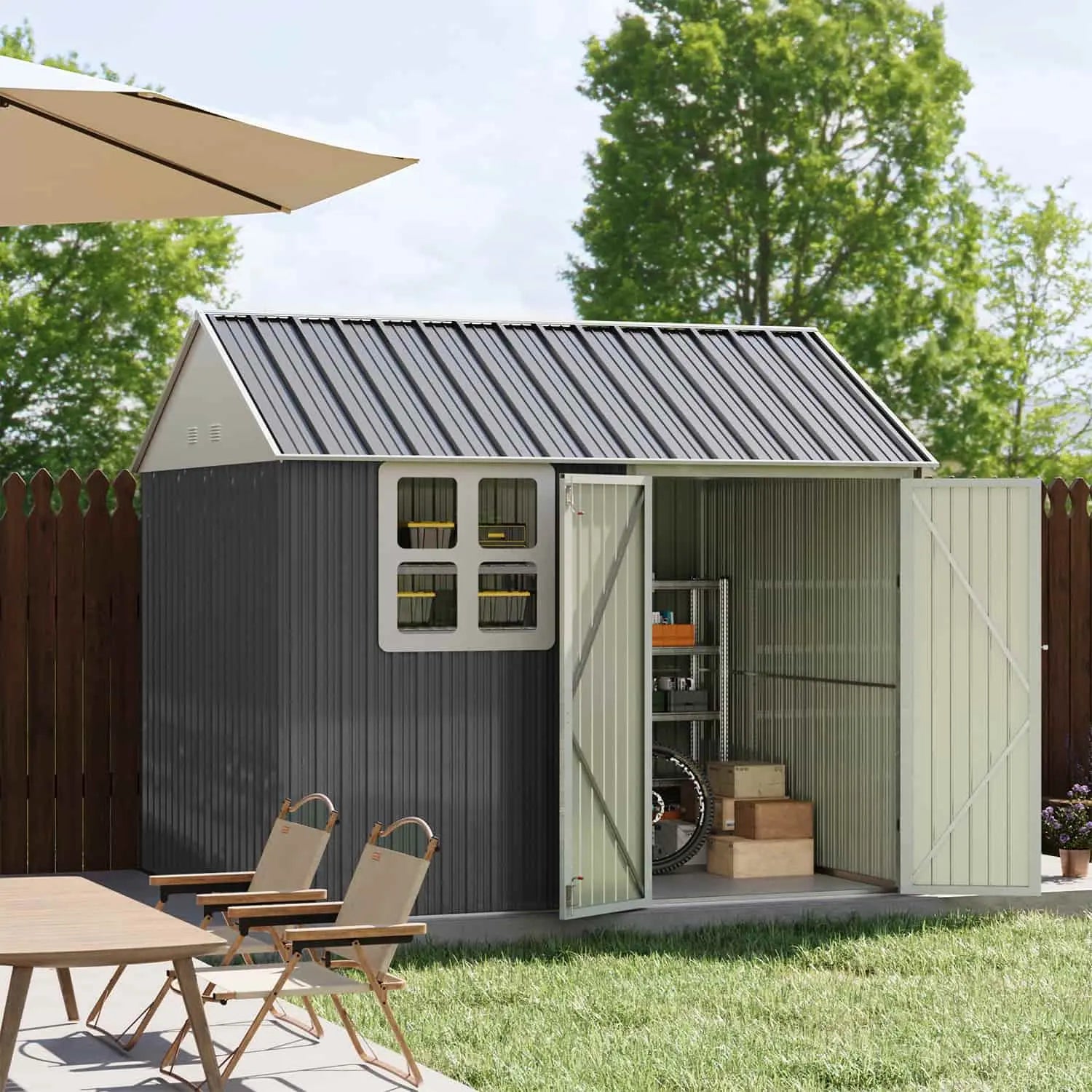 10x8-metal-storage-shed-with-windows-standing-in-backyard