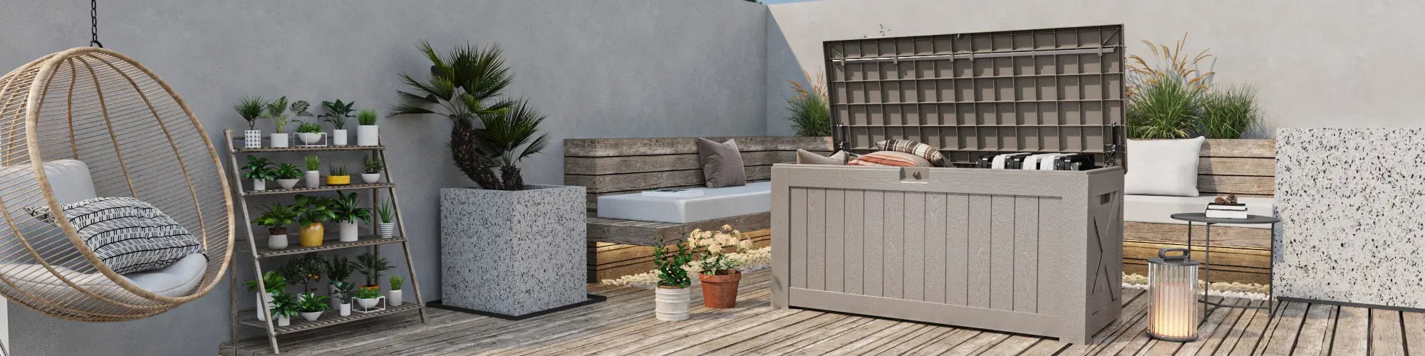 a khaki 120 gallon outdoor storage deck box standing in the patio