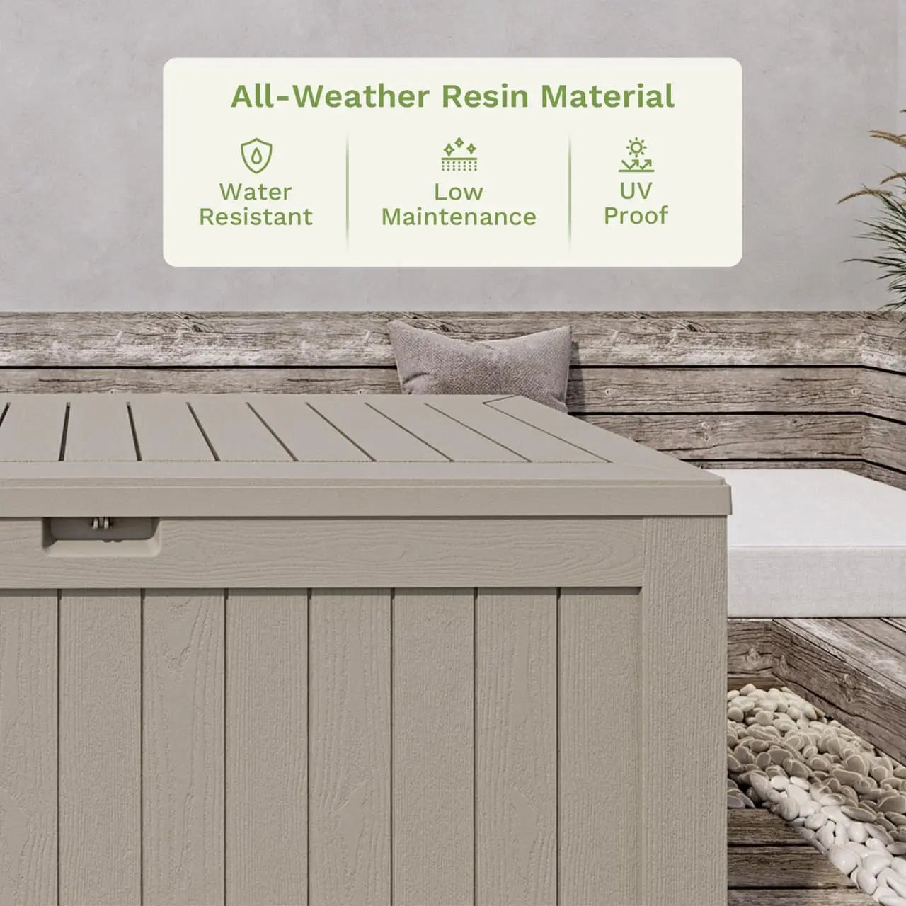 120 gallon outdoor storage deck box all-weather resin materials color:khaki,coffee brown,cool gray,ink black