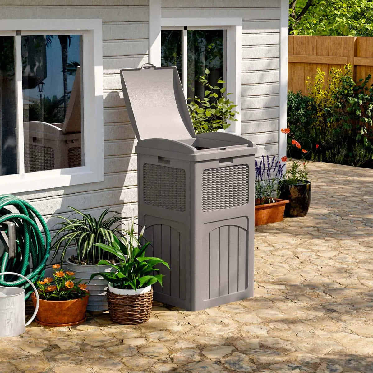 Outdoor Trash Can DWVO 66 Gallon Double Bin - Waterproof Resin, Tiered ...