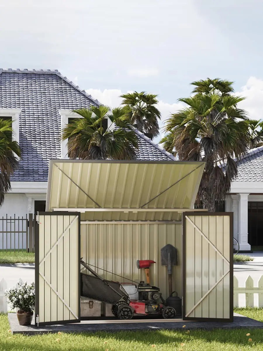 6x3 metal bike storage shed filled with garden tool