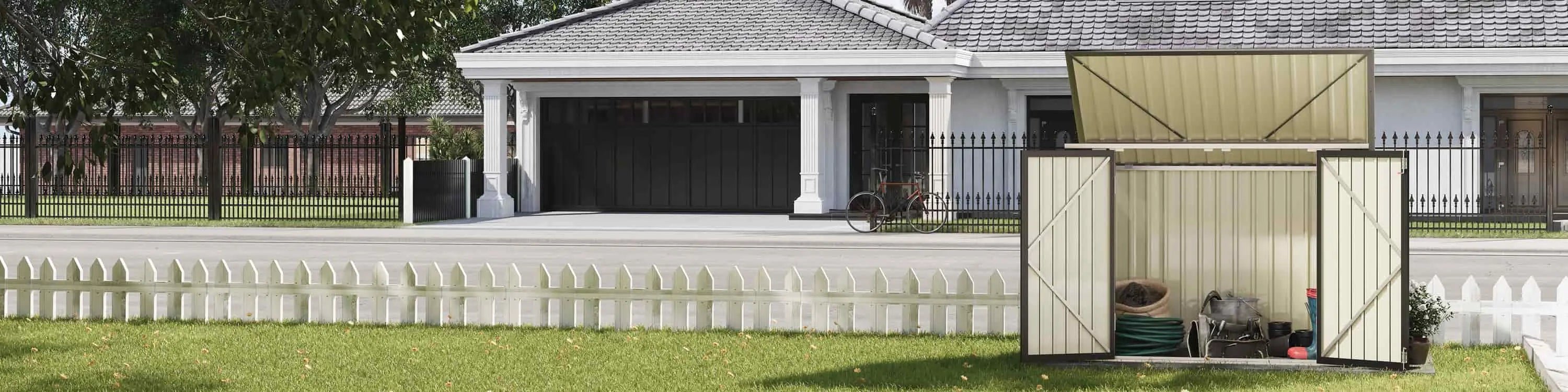 6x3 metal bike storage shed standing in a patio