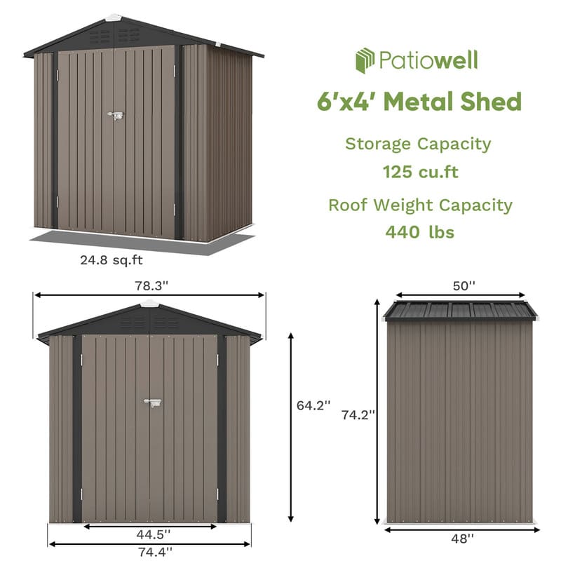Patiowell 6x4 Metal Shed With Peak Roof-DImensions