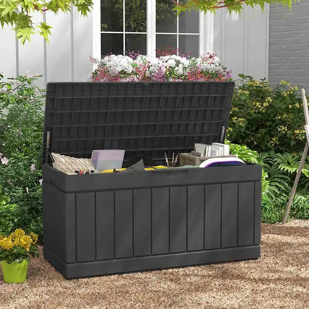 82 gallon storage deck box scene color:Ink Black