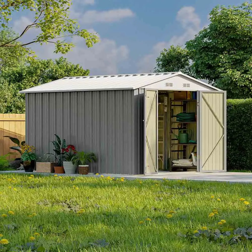 patiowell-8x10-metal-shed in yard
color:cool gray|floor:without floor