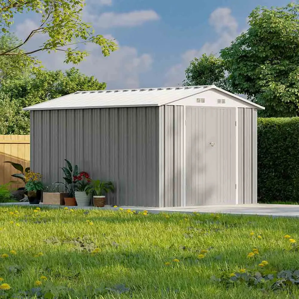 patiowell-8x10-metal-shed in yard
color:cool gray|floor:with floor,without floor