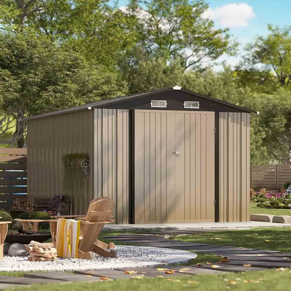 patiowell-8x10-metal-shed in yard
color:Khaki|floor:without floor