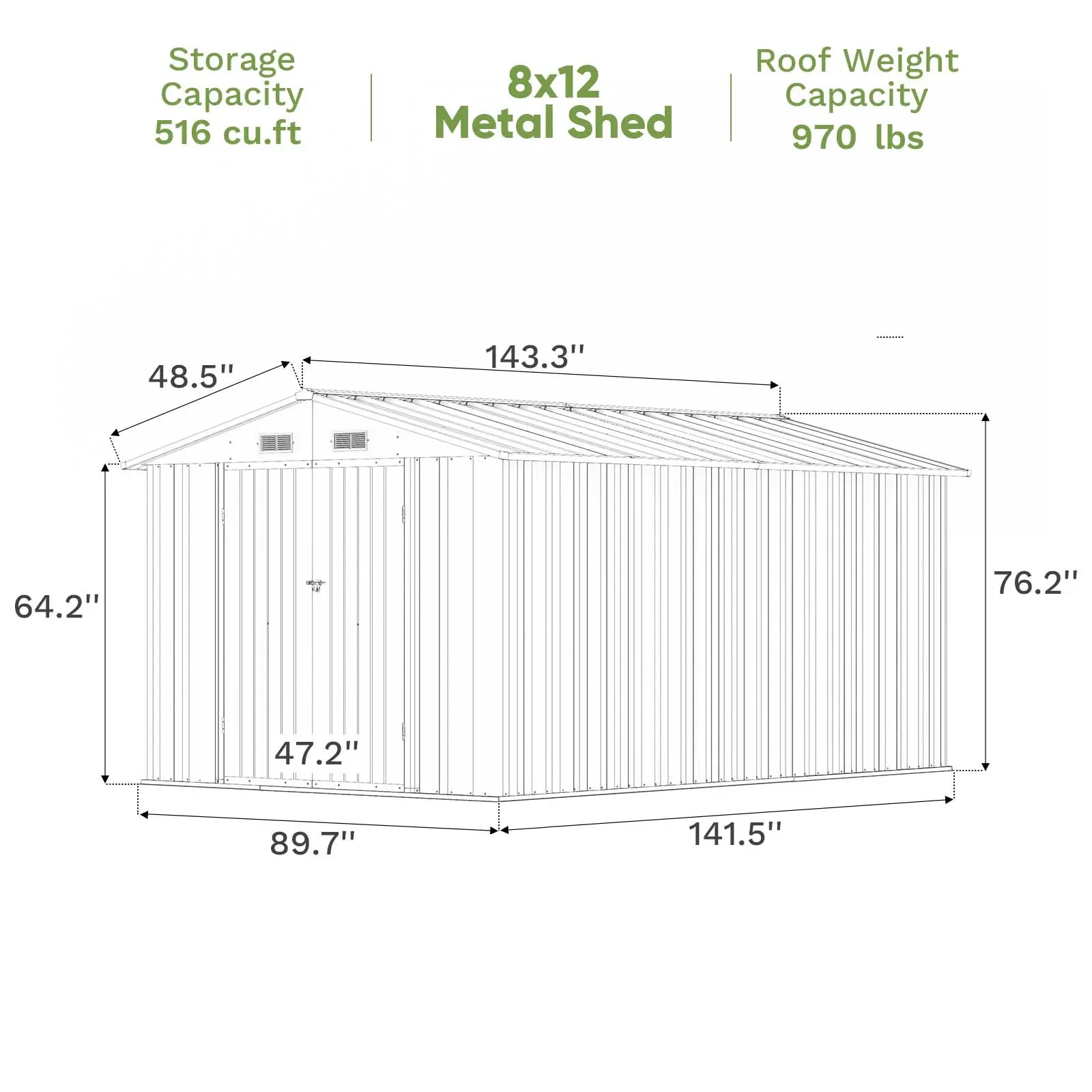 Patiowell 8x12 Metal Shed-Dimensions