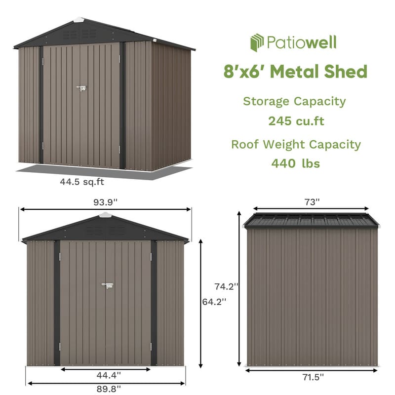 Patiowell 8x6 Metal Shed-Dimensions