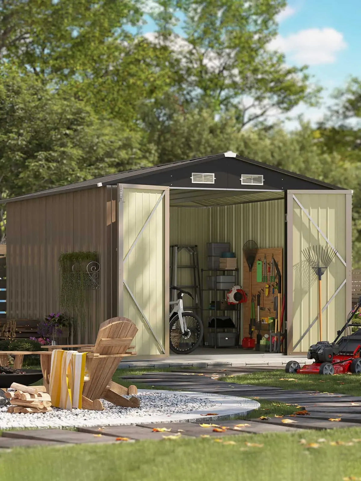10x10 metal storage shed in a cozy backyard setting.