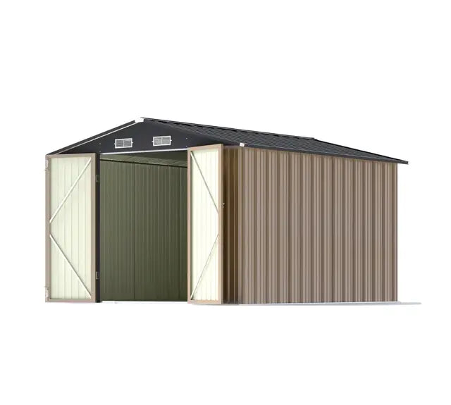 a metal storage shed with opening door