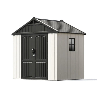 8x8 Plastic Storage Shed with Floor and Windows, Gray White