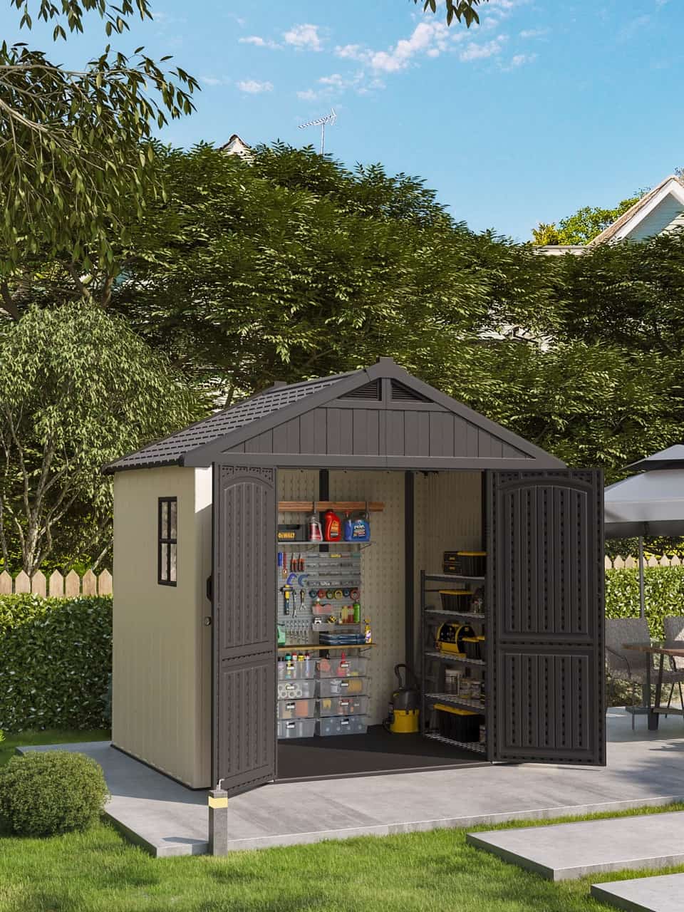 kick-it 8x6 plastic storage shed fulfill with garden tool standing in backyard
