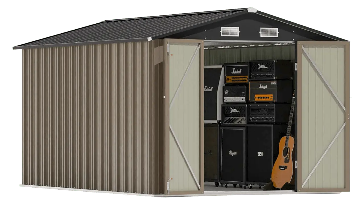a brown metal storage shed is filled with music instrument