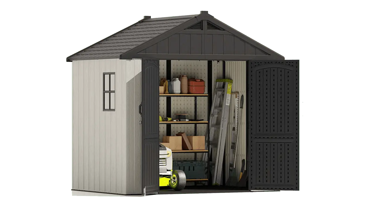 kick-it 8x6 plastic storage shed filled with backyard tools