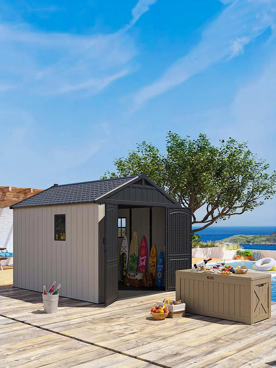kick-it 8x6 plastic storage shed opening door and standing In a yard by the seaside.