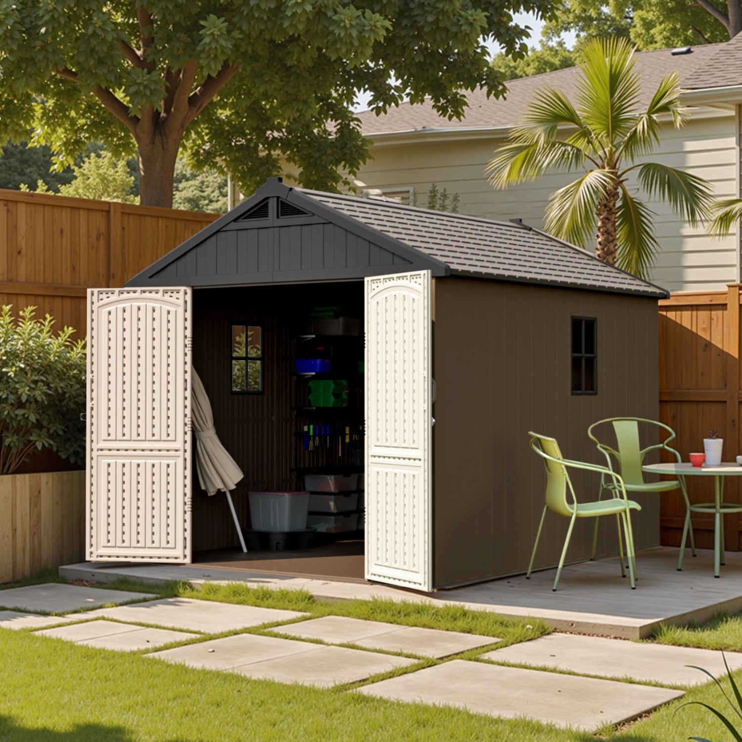 patiowell-kick-it-8x10-plastic-shed in yard
color:brown|Led Lighting:included,not included