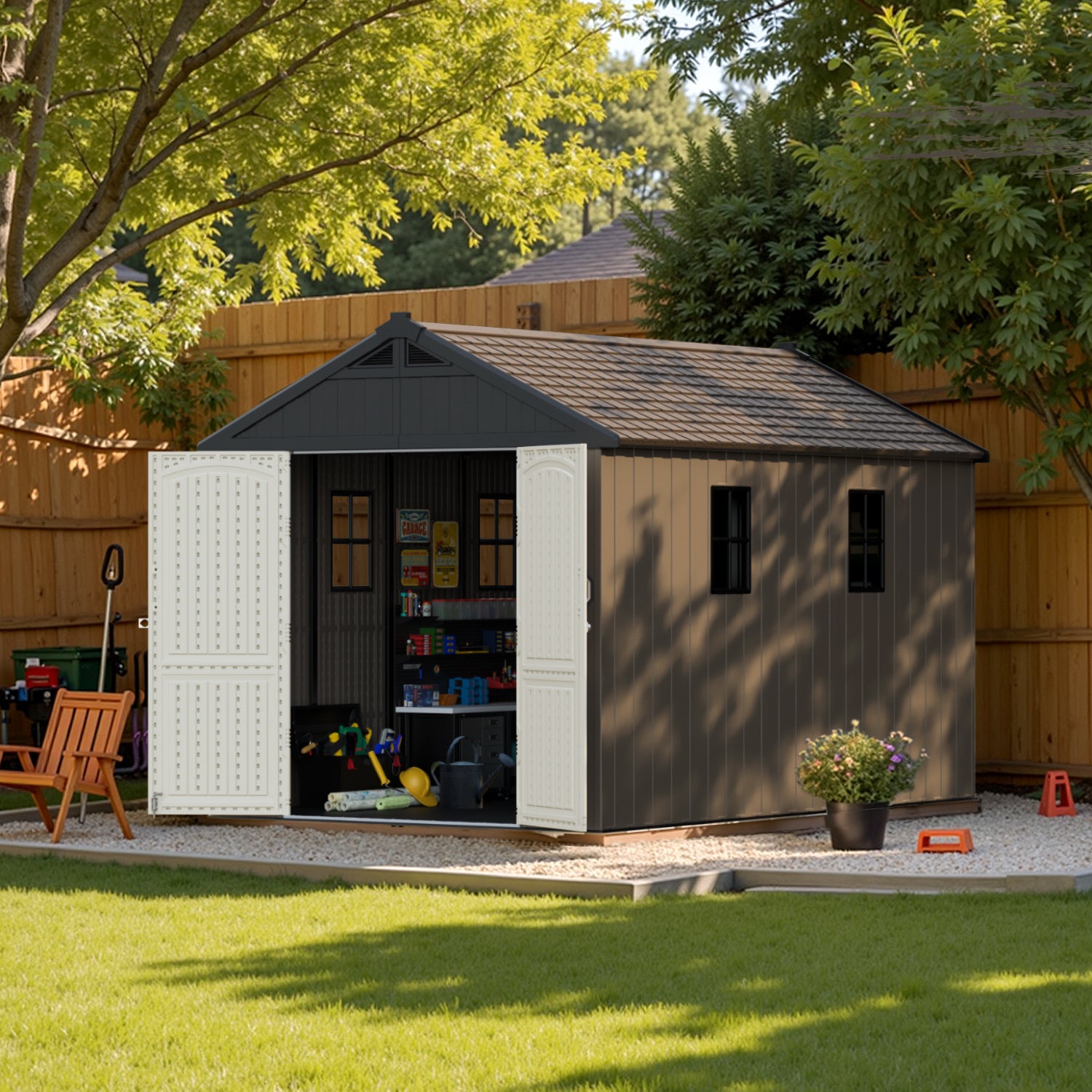 patiowell_8x12_kick_it_plastic_shed in yard
color:brown|Led Lighting:included,not included
