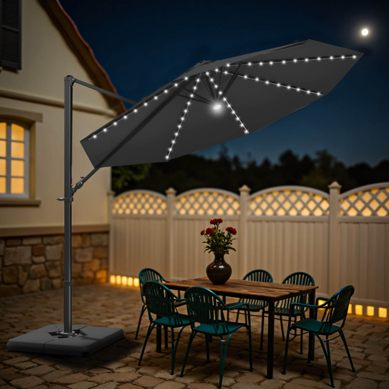 10ft Cantilever Umbrella with Solar Light & Rotation, Black 10ft Cantilever Umbrella with Solar Light & Rotation, Black