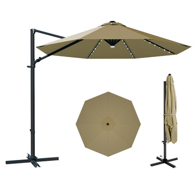 10ft Cantilever Umbrella with Solar Light & Rotation, Brown
