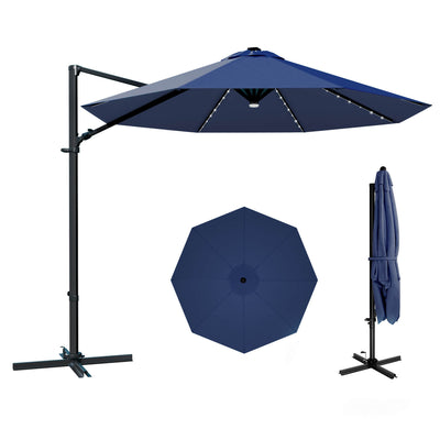 10ft Cantilever Umbrella with Solar Light & Rotation, Dark Blue