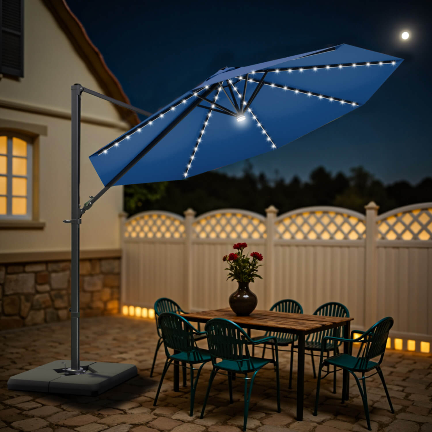 blue led lighted patio umbrella EliteShade 9ft Solar Eurmax a cross base Sonkuki 10 ft. Round Outdoor