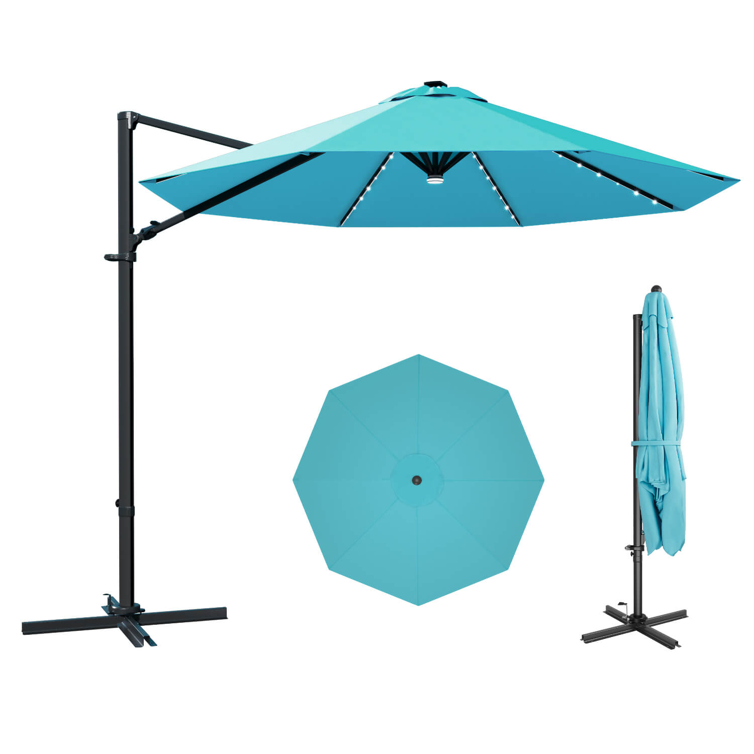 10ft Cantilever Umbrella with Solar Light & Rotation, Light Blue