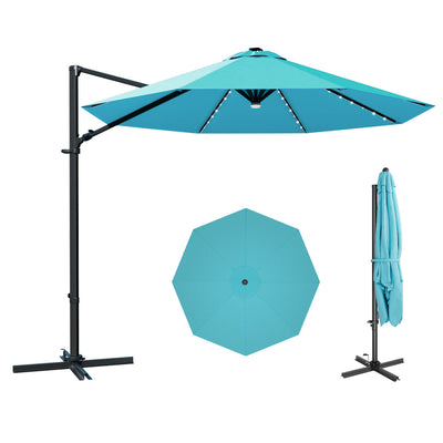 10ft Cantilever Umbrella with Solar Light & Rotation, Light Blue