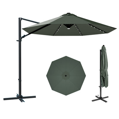 10ft Cantilever Umbrella with Solar Light & Rotation, Light Gray