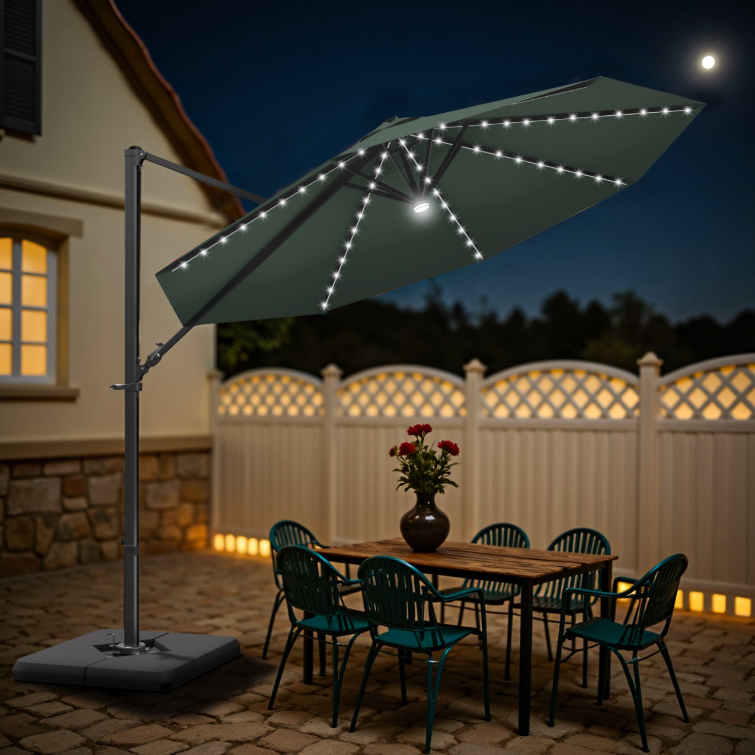 10 foot patio umbrella with solar lights ft Outdoor Powered LED Lighted Sun Shade Tuesday Morning Counterweight base not included. TASKBAY 10ft 3-Tiered Cantilever Patio