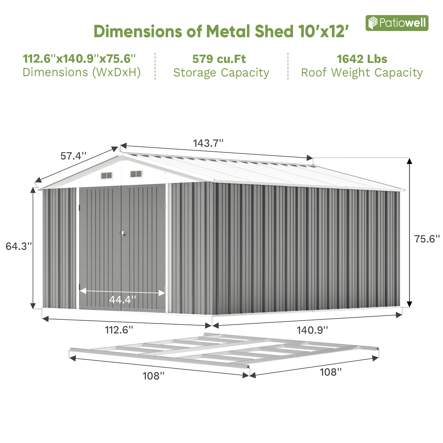 Patiowell 10x12 metal shed gray