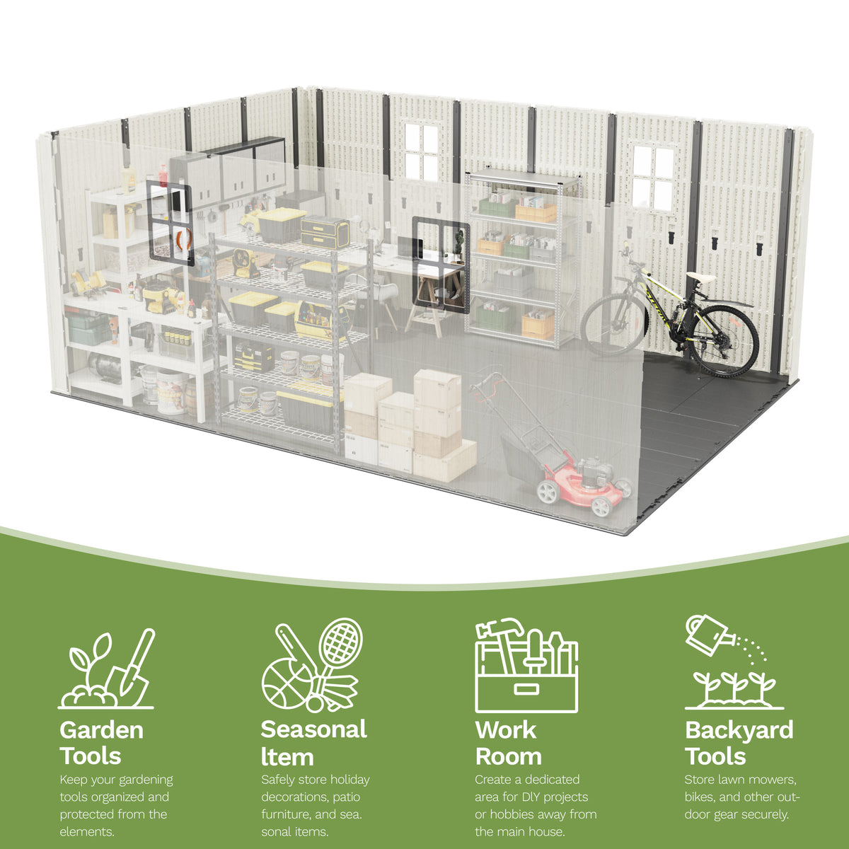 10x14 ft Kick-it Plastic Storage Shed with Skylight & Windows | Patiowell