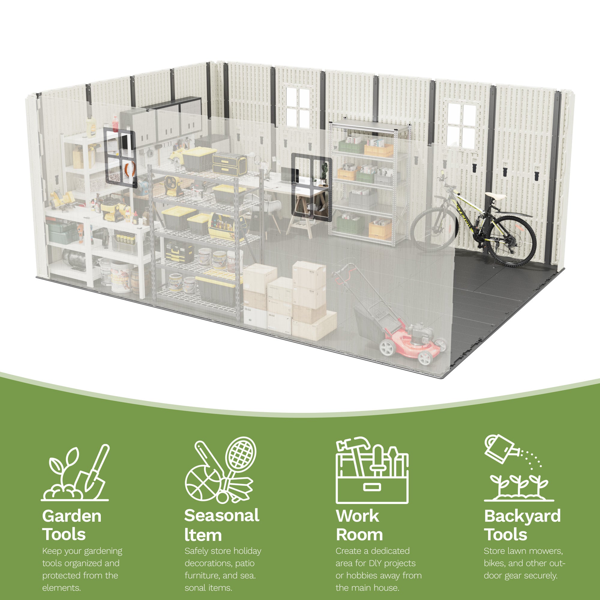 3D model of a garage with various items including garden tools, seasonal items, a work room, and backyard tools.
size:10x14