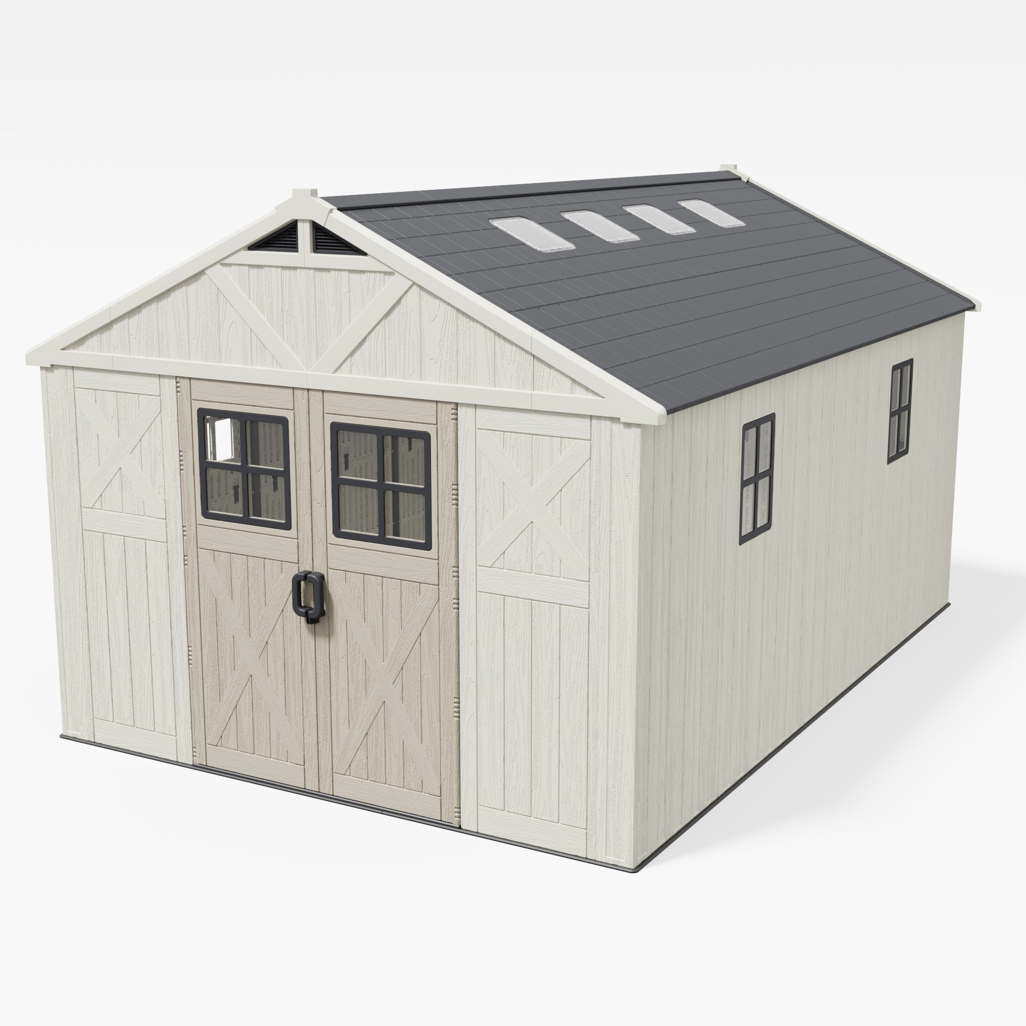 Patiowell 10x14 ft White storage shed with a gray roof on a white background
size:10x14