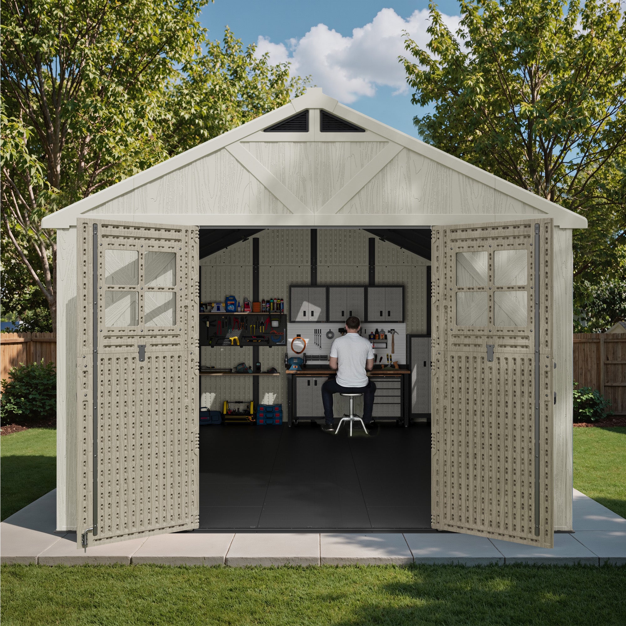 Large storage shed with open doors in a garden setting
size:10x14