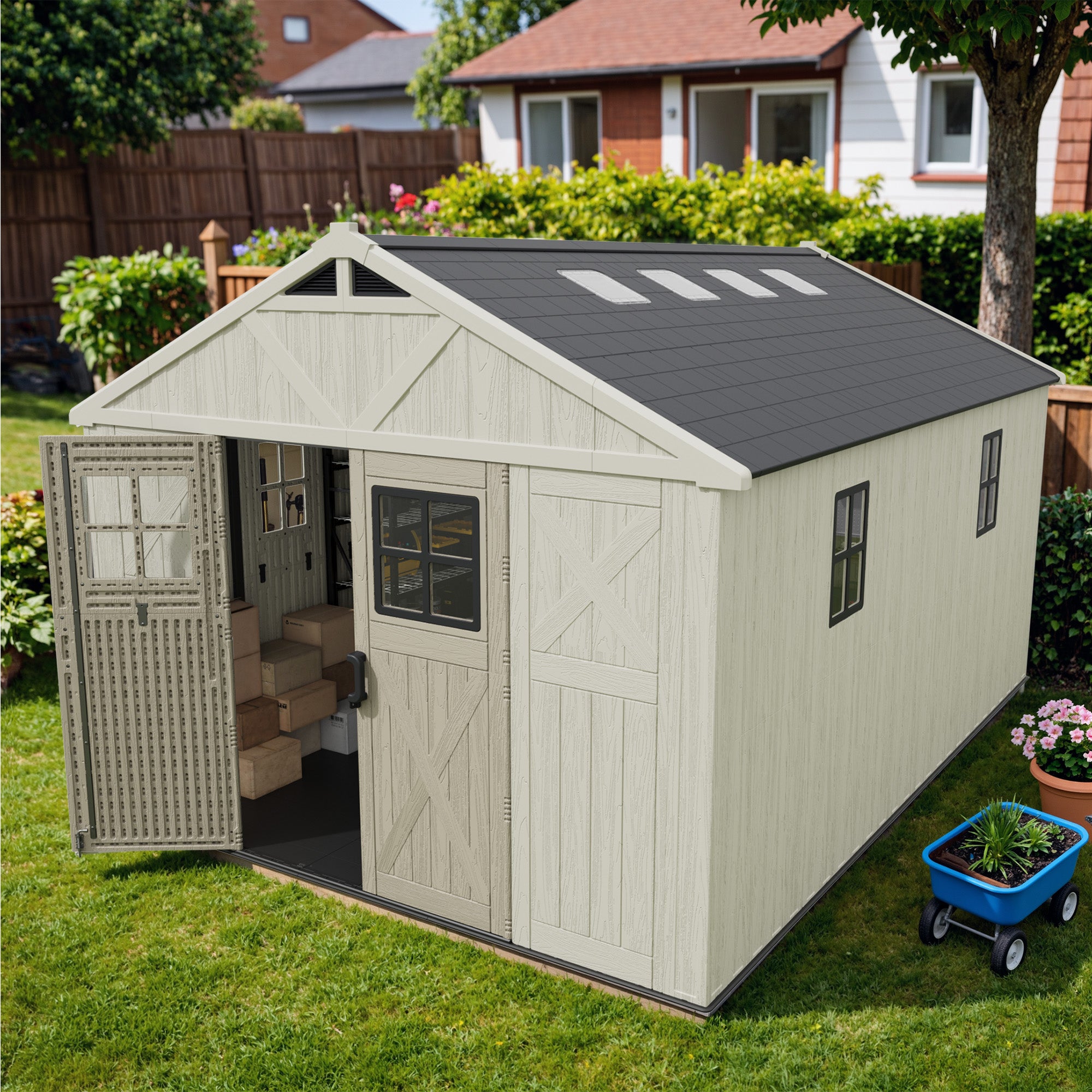Beige storage shed with open doors in a backyard setting
size:10x14