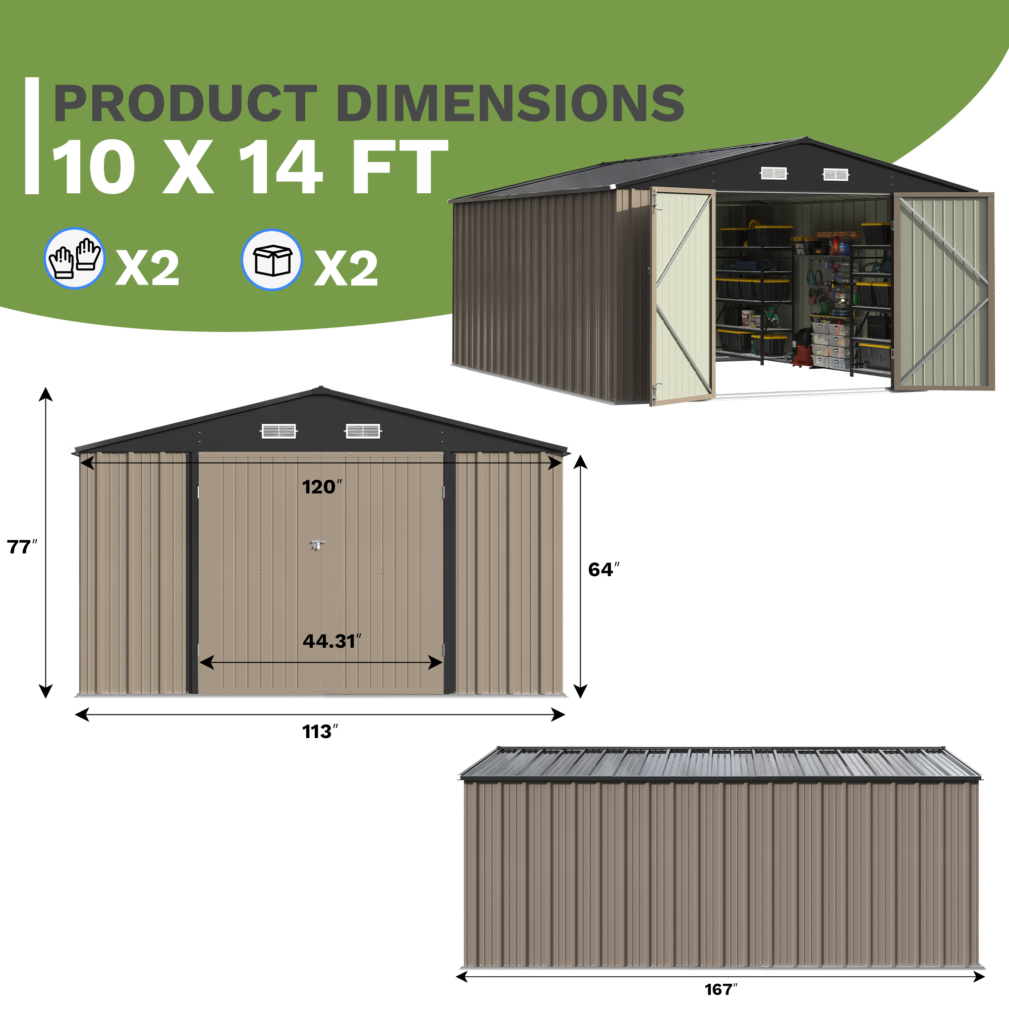 Metal storage shed with dimensions and product details on a white background