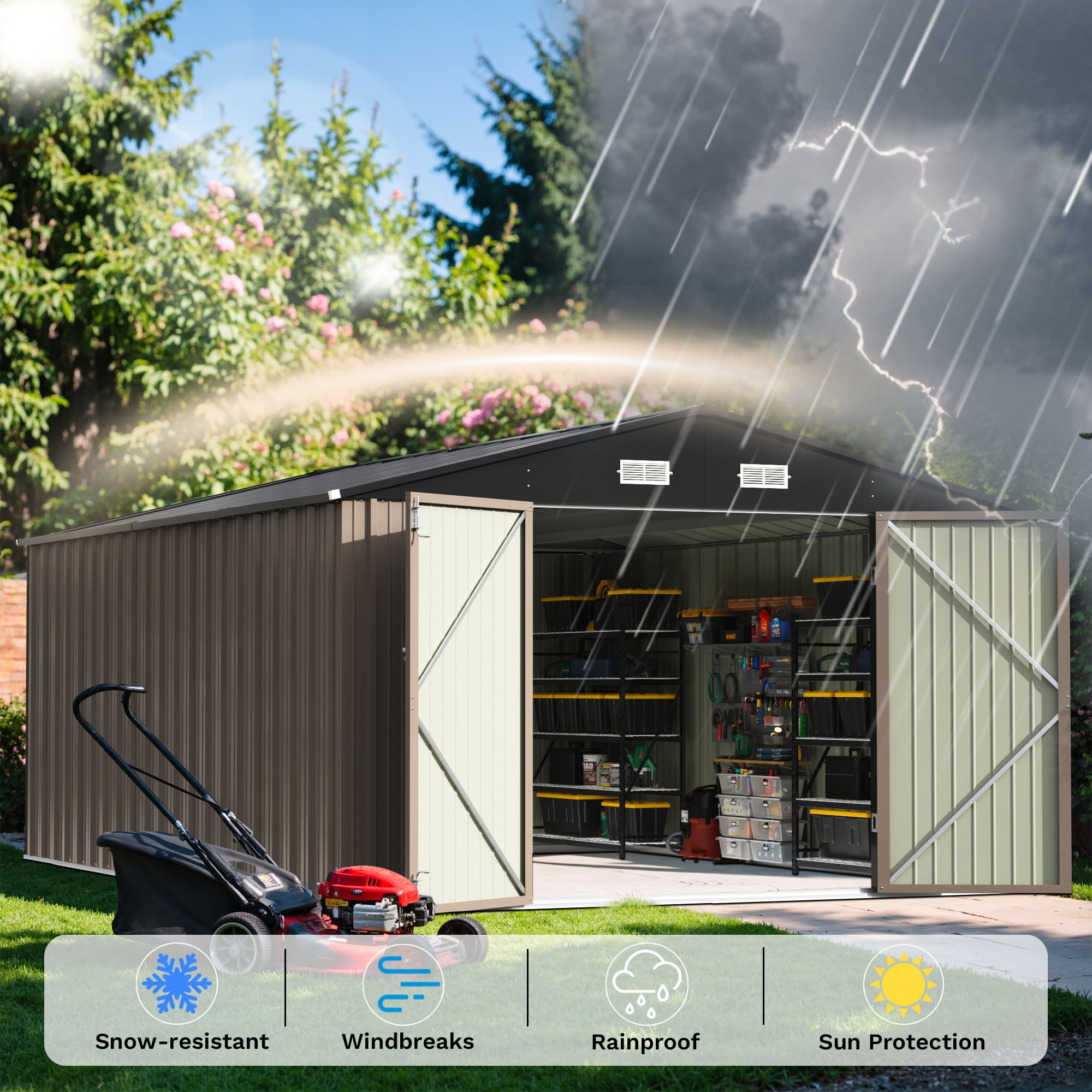 Metal storage shed with open doors, showing items inside, on a grassy area with trees and a stormy sky.